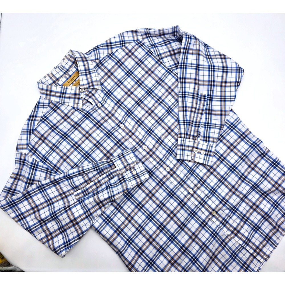 Turnbury Mens Long Sleeve Non-Iron Plaid Button Down Shirt Blue Tan Large 33